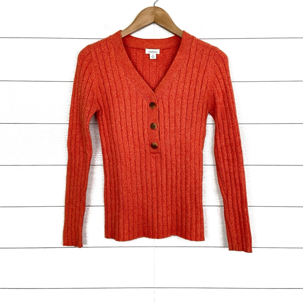 SUNDANCE Henley Sweater Modern Wonder Coral Button Ribbed Cotton Silk Medium